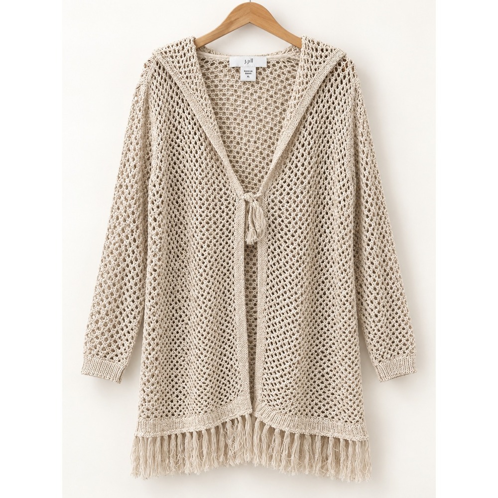 J. Jill XL Beige Open Mesh Knit Hooded Cardigan Fringe Hem Tassel Tie Boho